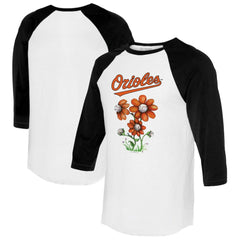 Baltimore Orioles Tiny Turnip Women's Blooming Baseballs 3/4-Sleeve Raglan T-Shirt White/Black