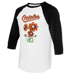 Baltimore Orioles Tiny Turnip Women's Blooming Baseballs 3/4-Sleeve Raglan T-Shirt White/Black