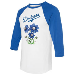 Los Angeles Dodgers Tiny Turnip Women's Blooming Baseballs 3/4-Sleeve Raglan T-Shirt White/Royal