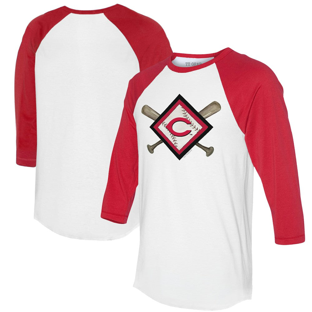 Cincinnati Reds Tiny Turnip Women's Diamond Cross Bats 3/4-Sleeve Raglan T-Shirt White/Red