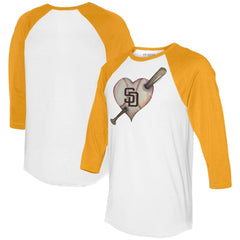San Diego Padres Tiny Turnip Women's Heart Bat 3/4-Sleeve Raglan T-Shirt White/Gold