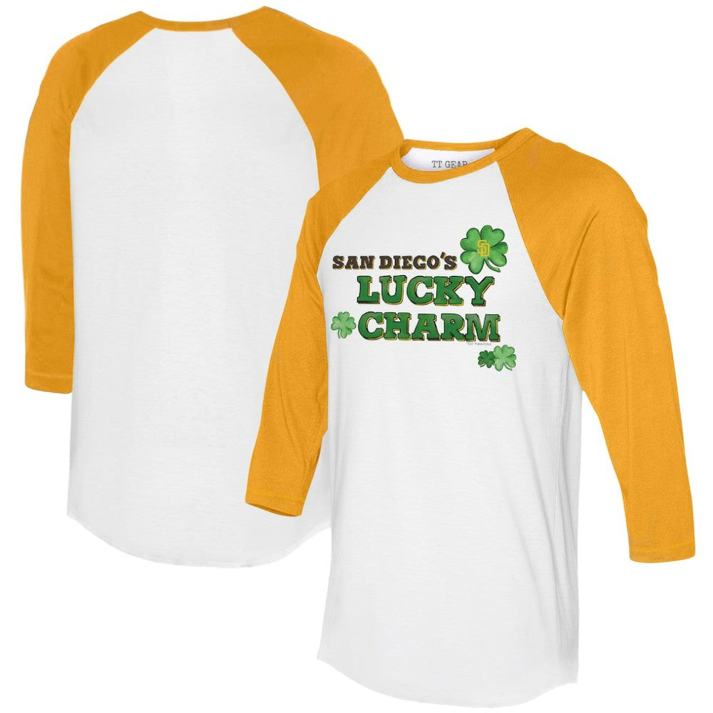 San Diego Padres Tiny Turnip Women's Lucky Charm 3/4-Sleeve Raglan T-Shirt White/Gold