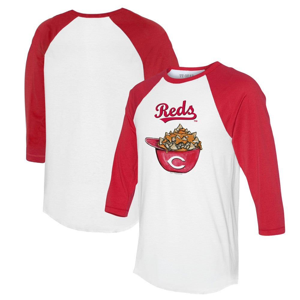 Cincinnati Reds Tiny Turnip Women's Nacho Helmet 3/4-Sleeve Raglan T-Shirt White/Red
