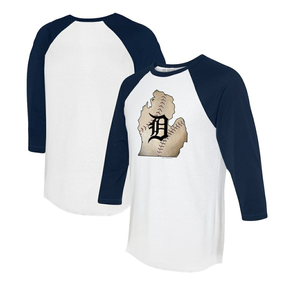 Detroit Tigers Tiny Turnip Unisex State Outline 3/4-Sleeve Raglan T-Shirt White/Navy