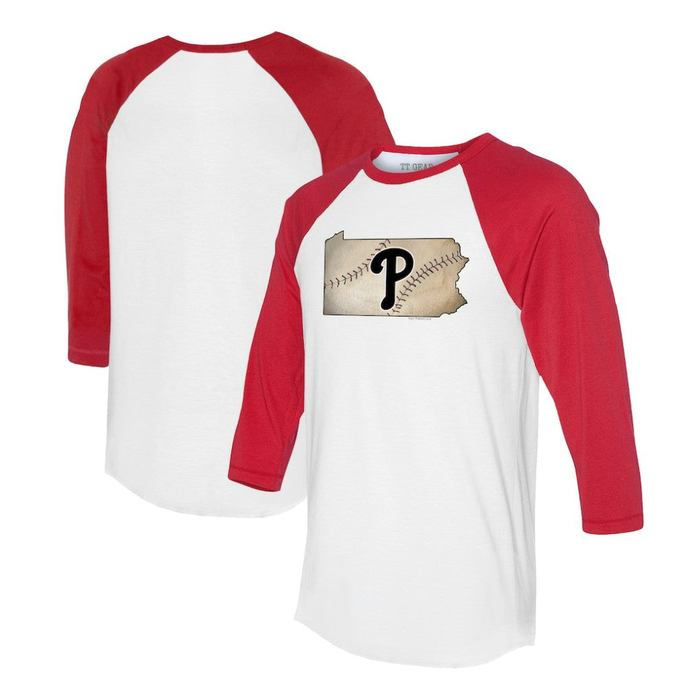 Philadelphia Phillies Tiny Turnip Unisex State Outline 3/4-Sleeve Raglan T-Shirt White/Red