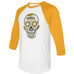 San Diego Padres Tiny Turnip Unisex Sugar Skull 3/4-Sleeve Raglan T-Shirt White/Gold