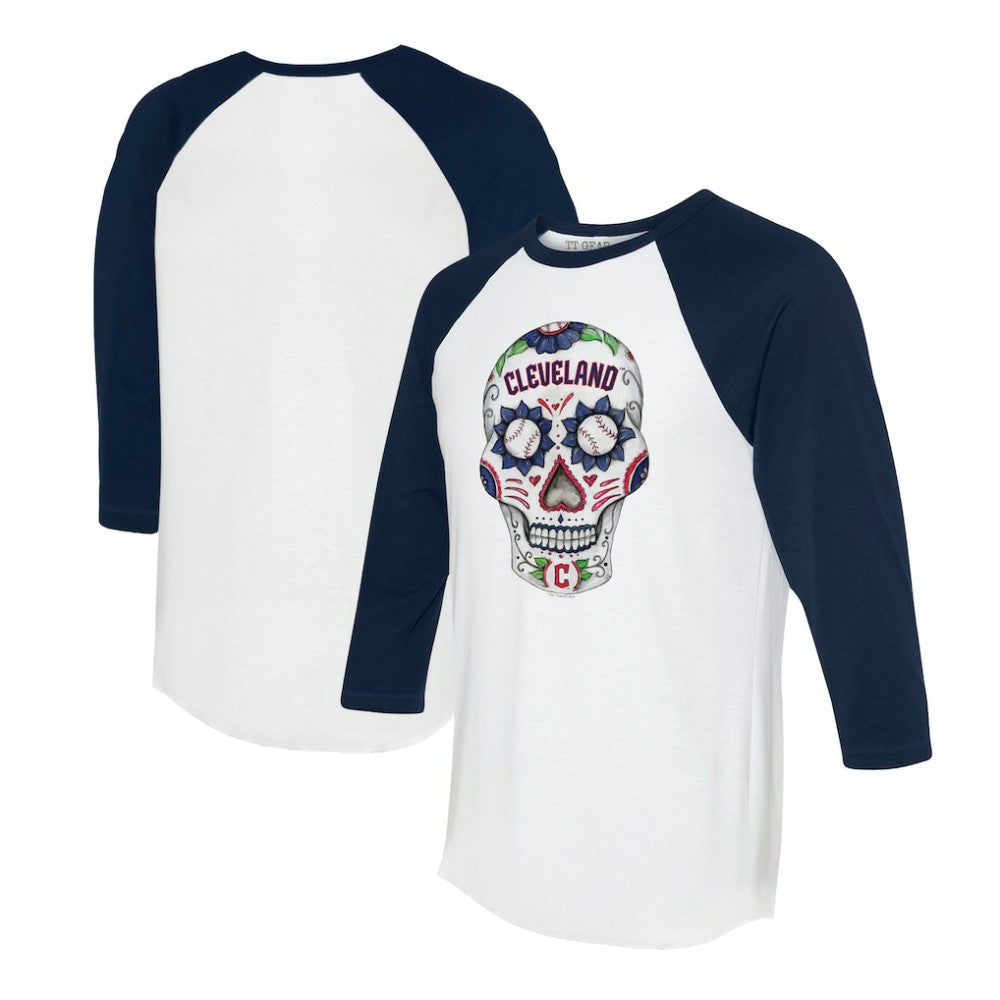 Cleveland Guardians Tiny Turnip Unisex Sugar Skull 3/4-Sleeve Raglan T-Shirt White/Navy