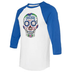 Chicago Cubs Tiny Turnip Unisex Sugar Skull 3/4-Sleeve Raglan T-Shirt White/Royal