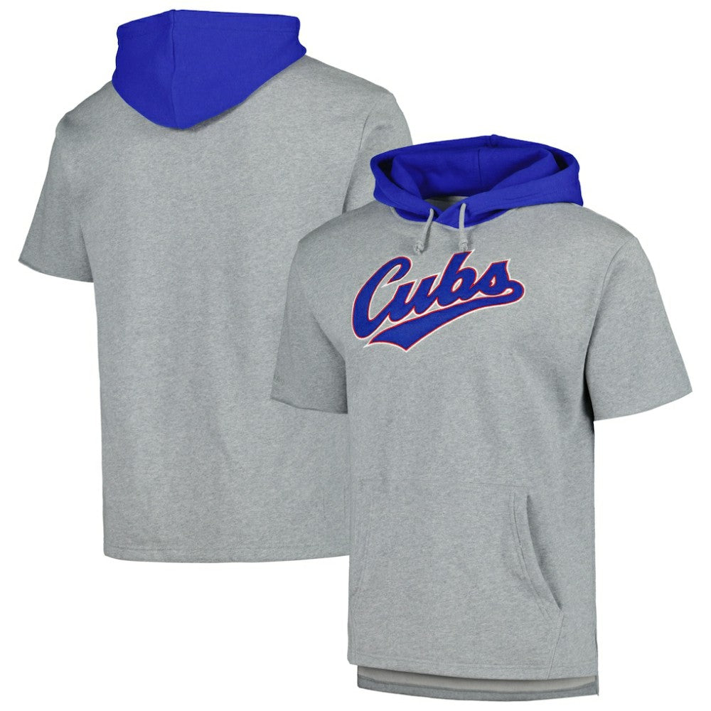 Chicago Cubs Postgame Short Sleeve Pullover Hoodie Heather Gray | Mitchell & Ness