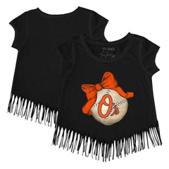 Baltimore Orioles Tiny Turnip Girls Youth Baseball Bow Fringe T-Shirt Black