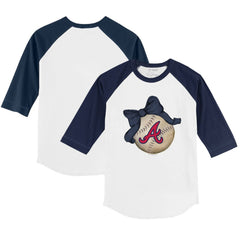 Atlanta Braves Tiny Turnip Youth Baseball Bow 3/4-Sleeve Raglan T-Shirt White/Navy
