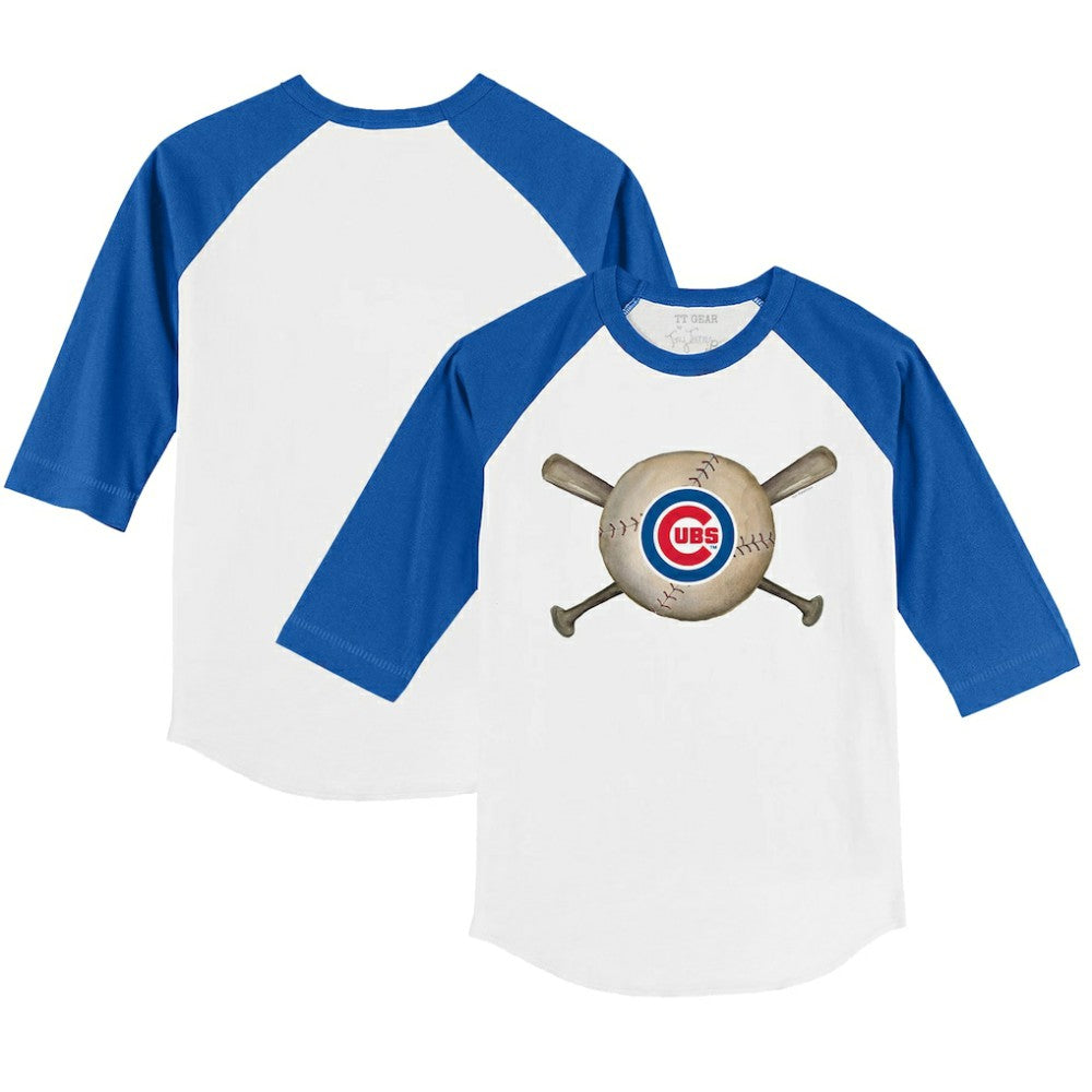 Chicago Cubs Tiny Turnip Youth Baseball Cross Bats 3/4-Sleeve Raglan T-Shirt White/Royal