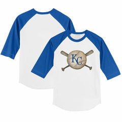 Kansas City Royals Tiny Turnip Youth Baseball Cross Bats 3/4-Sleeve Raglan T-Shirt White/Royal