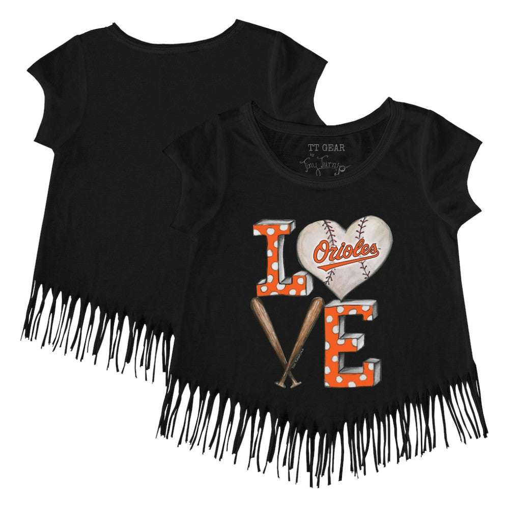 Baltimore Orioles Tiny Turnip Girls Youth Baseball Love Fringe T-Shirt Black