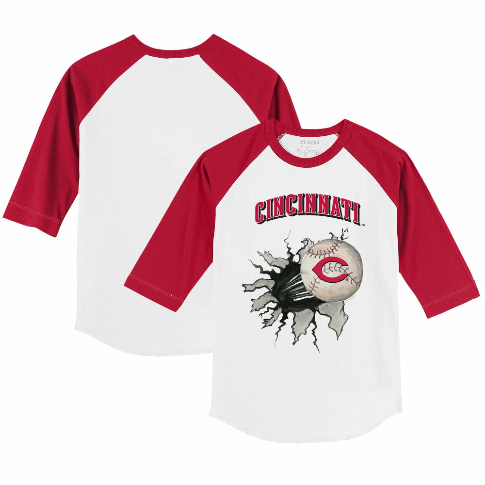 Cincinnati Reds Tiny Turnip Youth Baseball Tear 3/4-Sleeve Raglan T-Shirt White/Red