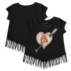 Baltimore Orioles Tiny Turnip Girls Youth Heart Bat Fringe T-Shirt Black