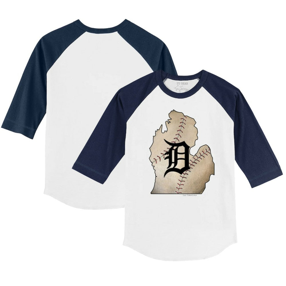 Detroit Tigers Tiny Turnip Youth State Outline 3/4-Sleeve Raglan T-Shirt White/Navy