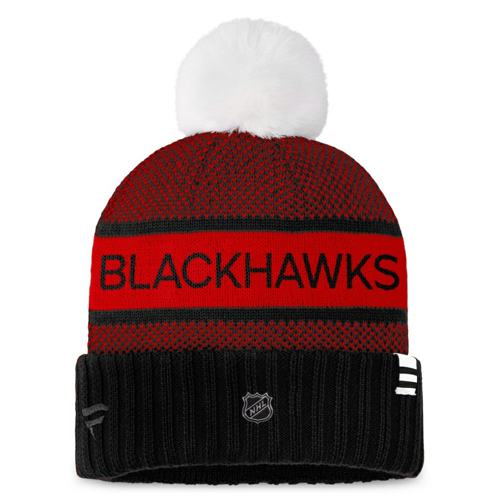 Chicago Blackhawks Fanatics Women's Authentic Pro Rink Cuffed Knit Hat with Pom Black/Red