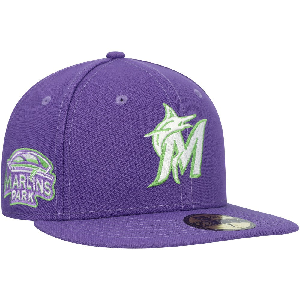 Miami Marlins Lime Side Patch 59FIFTY Fitted Hat Purple | New Era