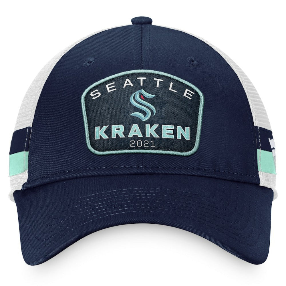Seattle Kraken Fanatics Fundamental Striped Trucker Adjustable Hat Deep Sea Blue/White