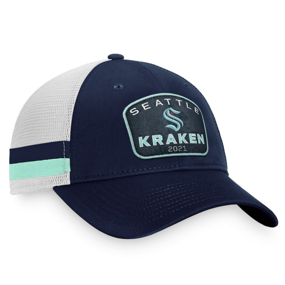 Seattle Kraken Fanatics Fundamental Striped Trucker Adjustable Hat Deep Sea Blue/White