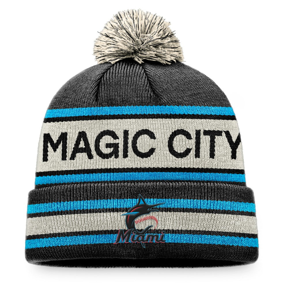 Miami Marlins Hometown Slogan Cuffed Knit Hat with Pom Black/Natural