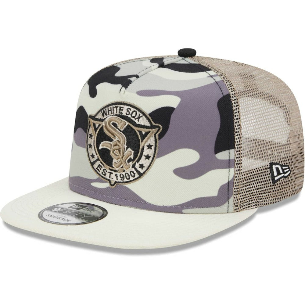 Chicago White Sox Chrome Camo A-Frame 9FIFTY Trucker Snapback Hat White | New Era