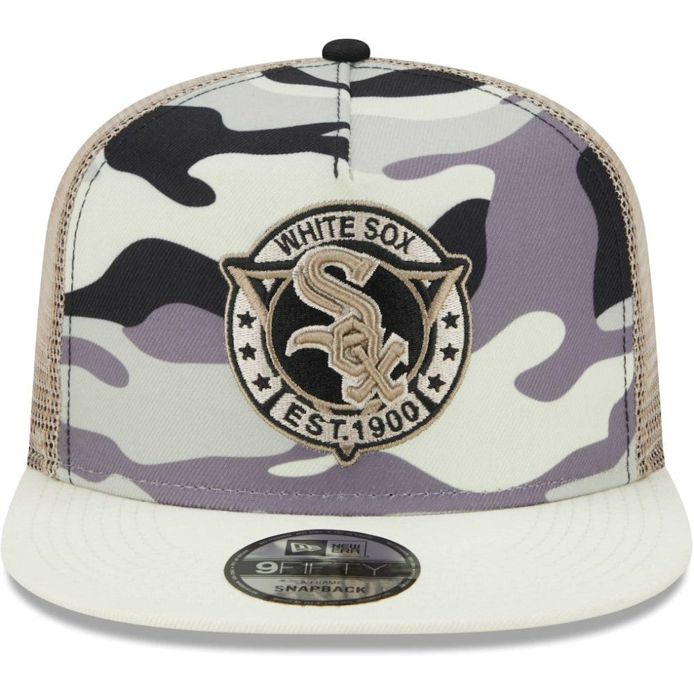 Chicago White Sox Chrome Camo A-Frame 9FIFTY Trucker Snapback Hat White | New Era
