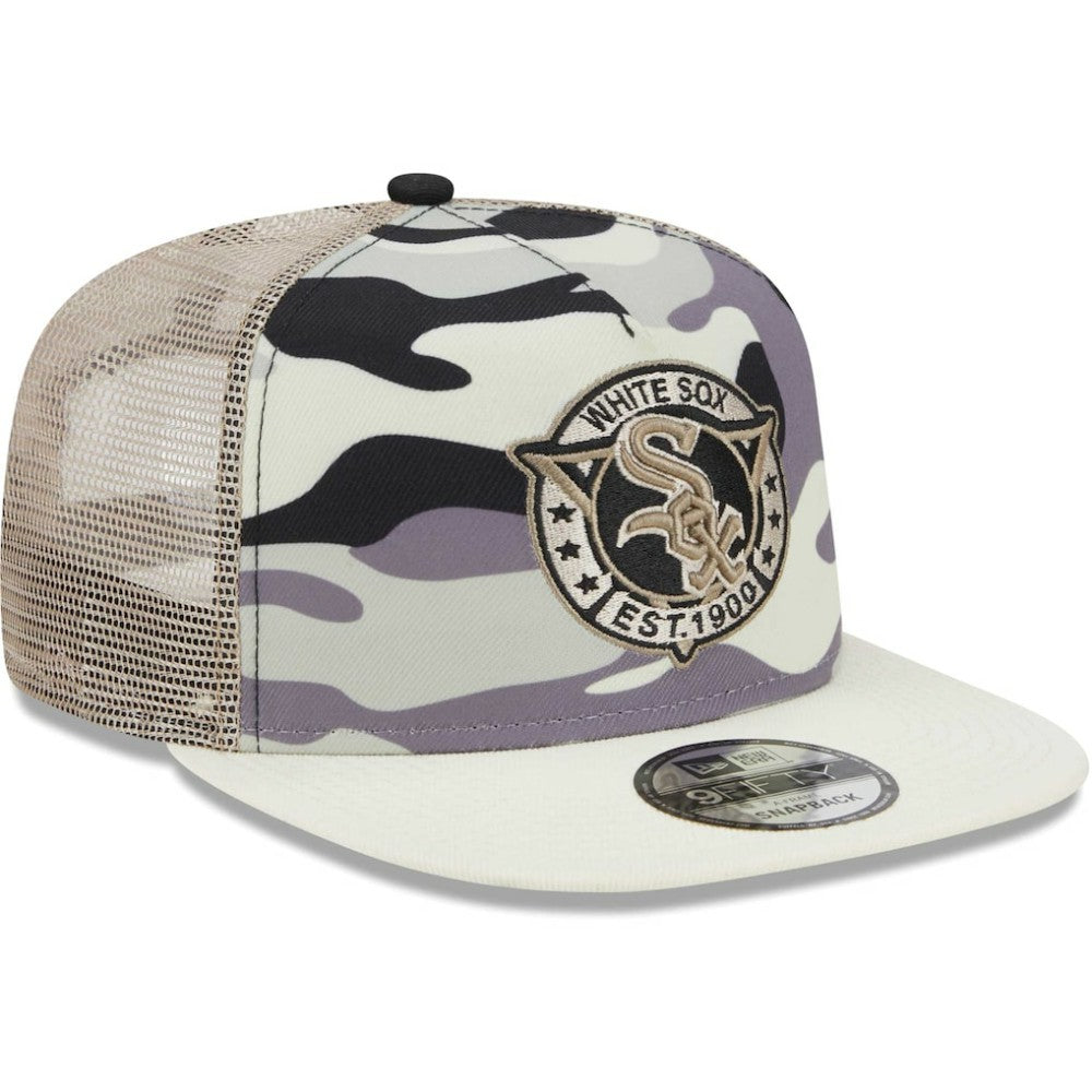 Chicago White Sox Chrome Camo A-Frame 9FIFTY Trucker Snapback Hat White | New Era