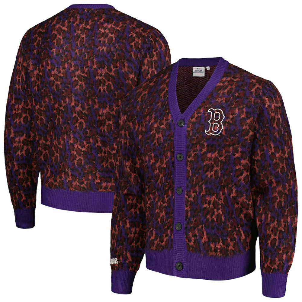 Boston Red Sox PLEASURES Cheetah Cardigan Button-Up Sweater Purple