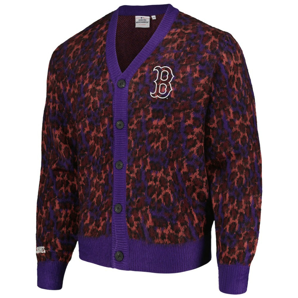 Boston Red Sox PLEASURES Cheetah Cardigan Button-Up Sweater Purple
