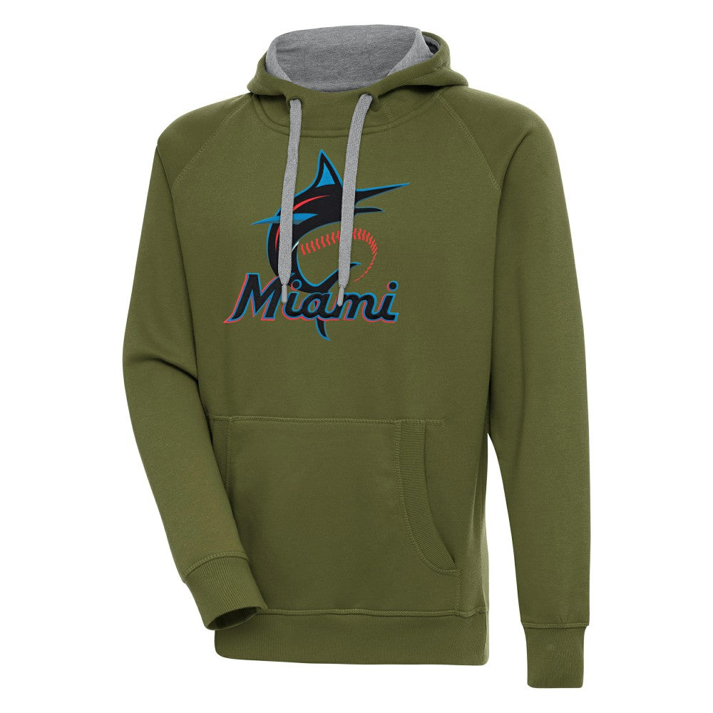 Miami Marlins Antigua Victory Pullover Hoodie Olive