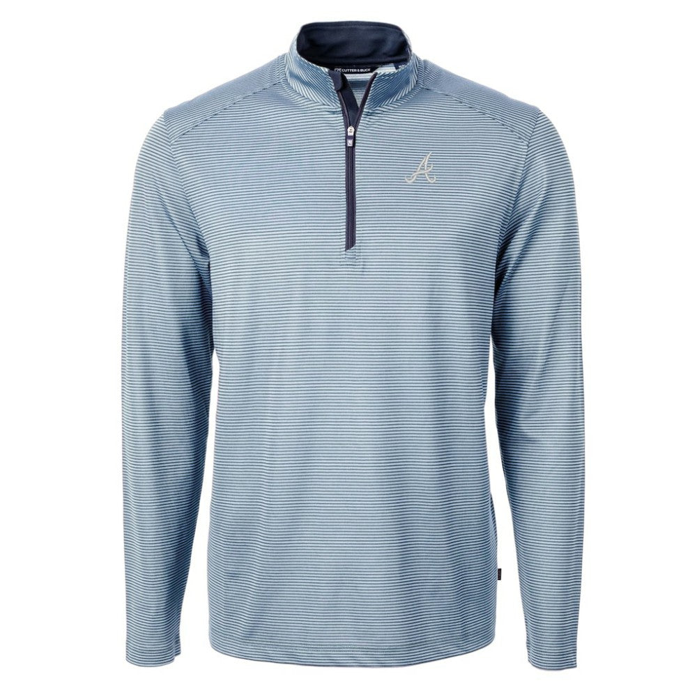 Atlanta Braves Cutter & Buck Virtue Eco Pique Micro Stripe Recycled Quarter-Zip Pullover Top Light Blue/Navy