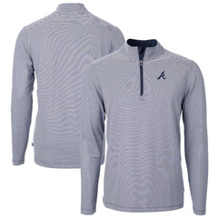 Atlanta Braves Cutter & Buck Virtue Eco Pique Micro Stripe Recycled Quarter-Zip Pullover Top Navy/White