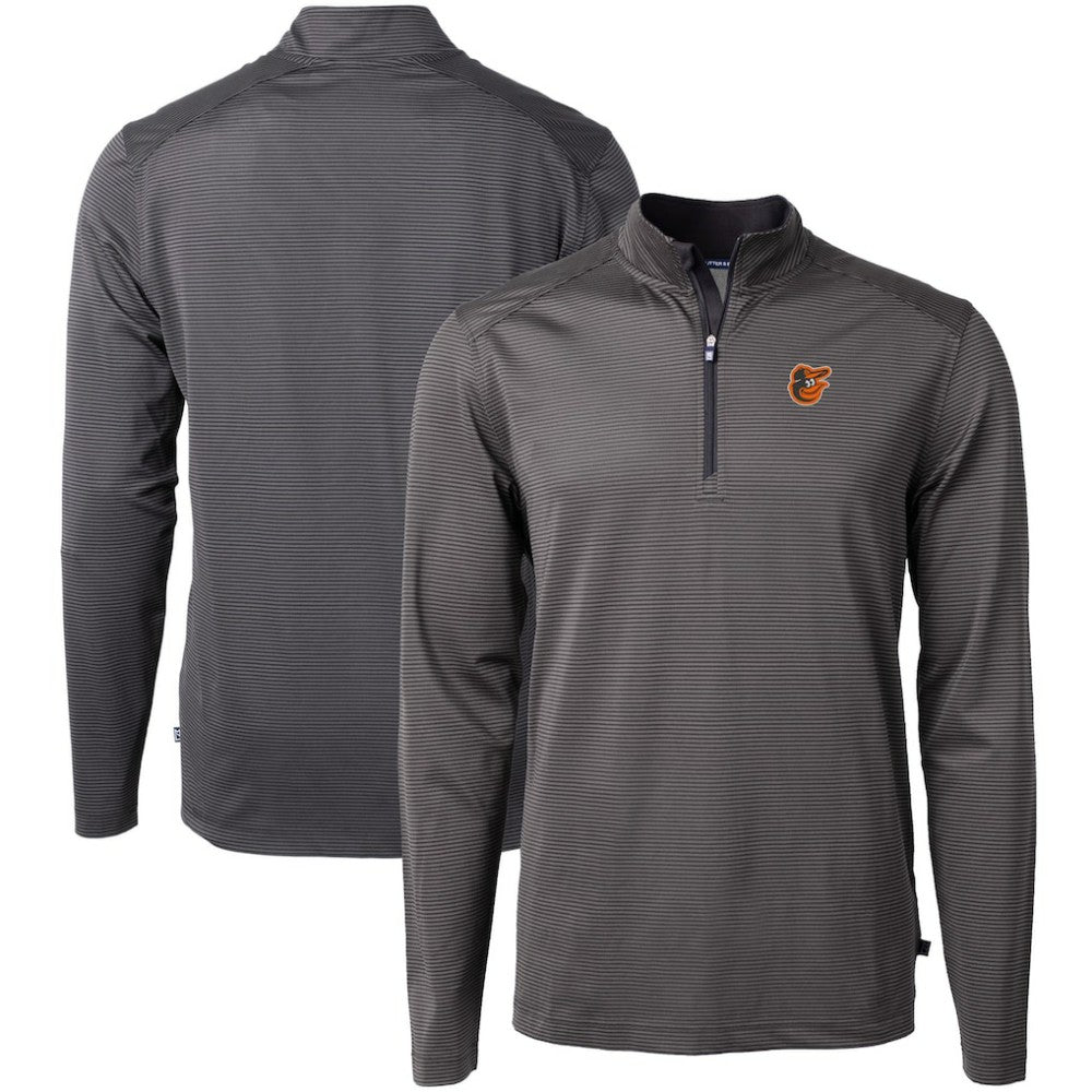 Baltimore Orioles Cutter & Buck Virtue Eco Pique Micro Stripe Recycled Quarter-Zip Pullover Top Black/Gray