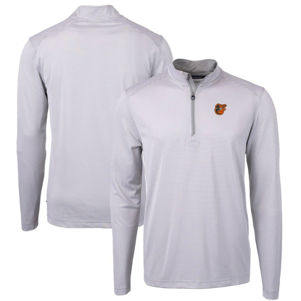 Baltimore Orioles Cutter & Buck Virtue Eco Pique Micro Stripe Recycled Quarter-Zip Pullover Top Gray/White