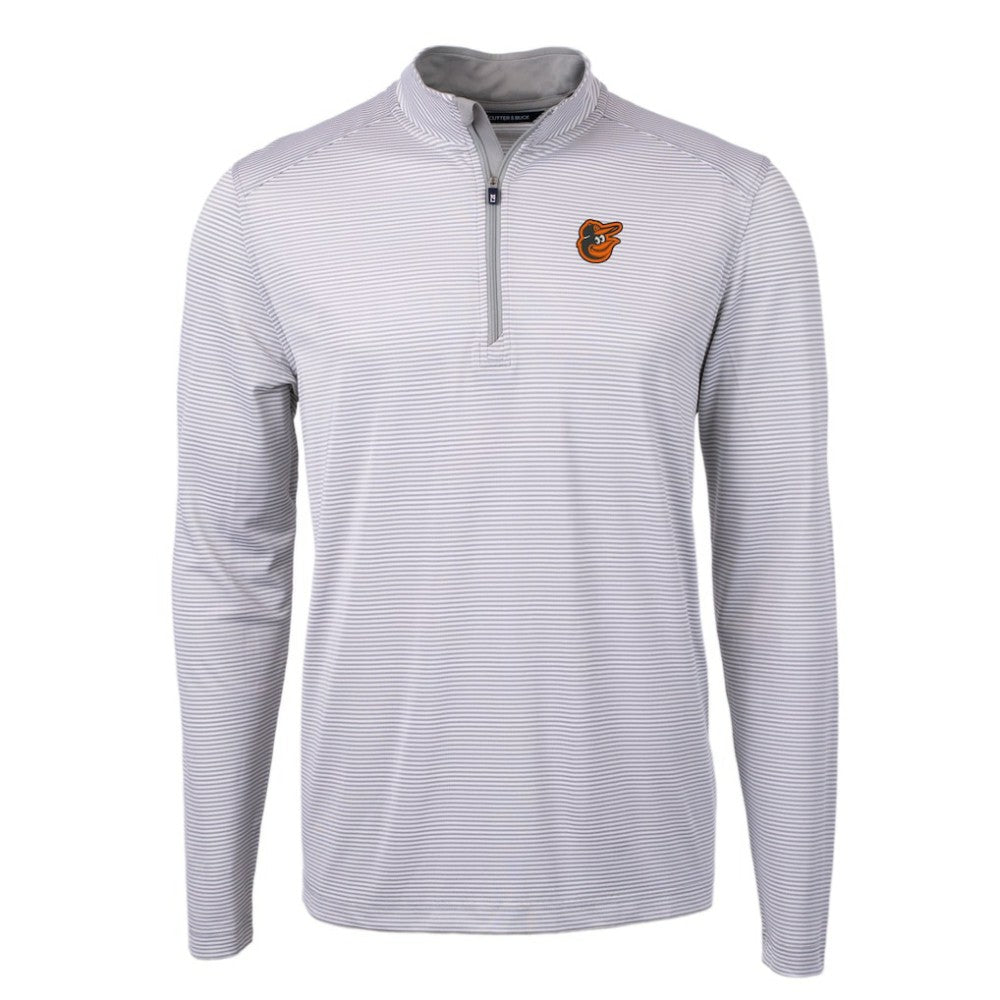 Baltimore Orioles Cutter & Buck Virtue Eco Pique Micro Stripe Recycled Quarter-Zip Pullover Top Gray/White