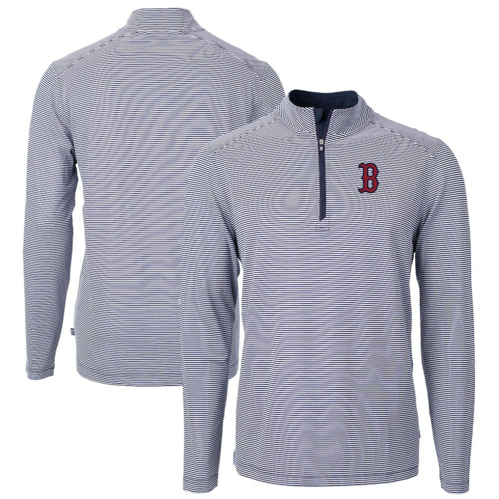 Boston Red Sox Cutter & Buck Virtue Eco Pique Micro Stripe Recycled Quarter-Zip Pullover Top Navy/White