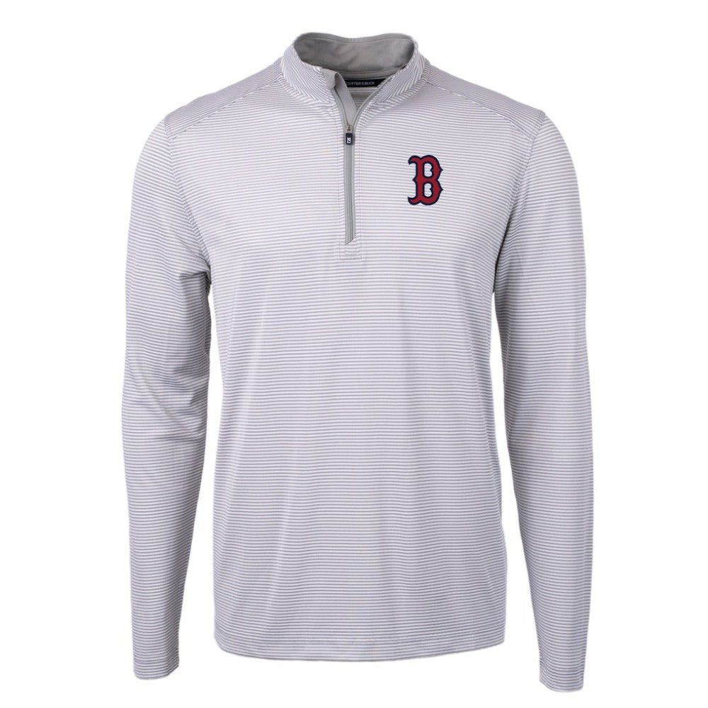 Boston Red Sox Cutter & Buck Virtue Eco Pique Micro Stripe Recycled Quarter-Zip Pullover Top Gray/White