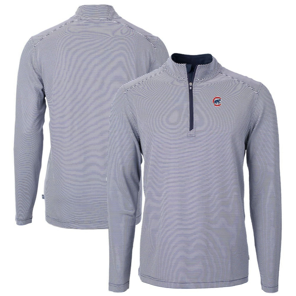 Chicago Cubs Cutter & Buck Virtue Eco Pique Micro Stripe Recycled Quarter-Zip Pullover Top Navy/White