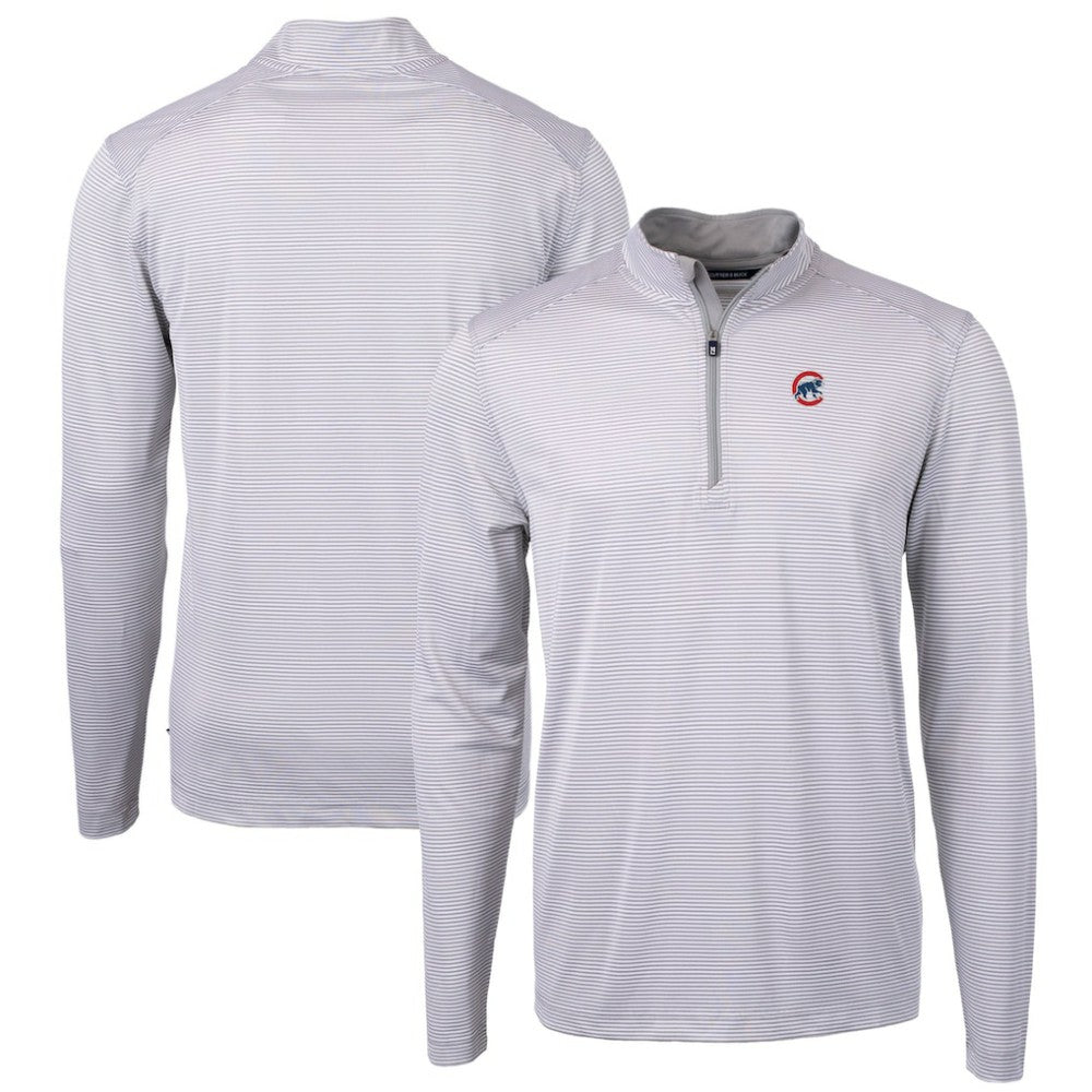 Chicago Cubs Cutter & Buck Virtue Eco Pique Micro Stripe Recycled Quarter-Zip Pullover Top Gray/White