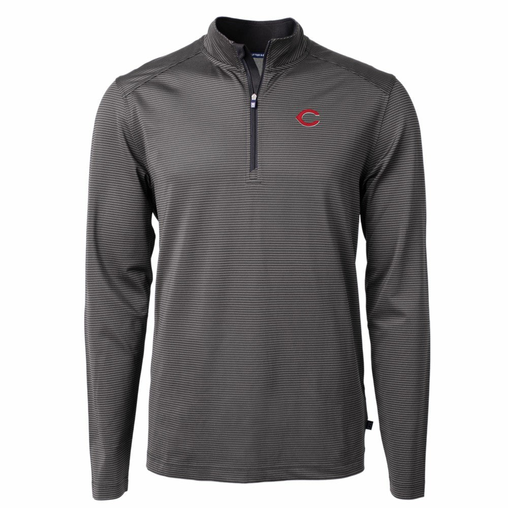 Cincinnati Reds Cutter & Buck Virtue Eco Pique Micro Stripe Recycled Quarter-Zip Pullover Top Black/Gray