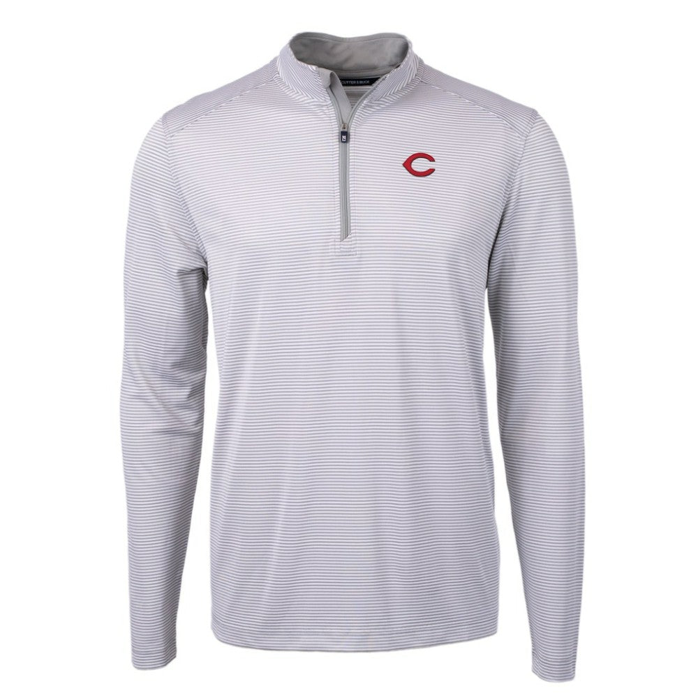 Cincinnati Reds Cutter & Buck Virtue Eco Pique Micro Stripe Recycled Quarter-Zip Pullover Top Gray/White