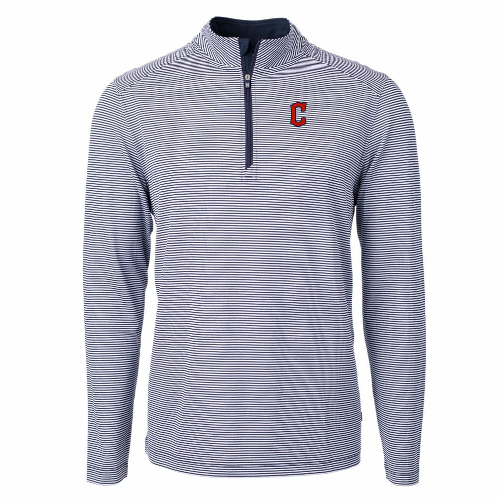 Cleveland Guardians Cutter & Buck Virtue Eco Pique Micro Stripe Recycled Quarter-Zip Pullover Top Navy/White