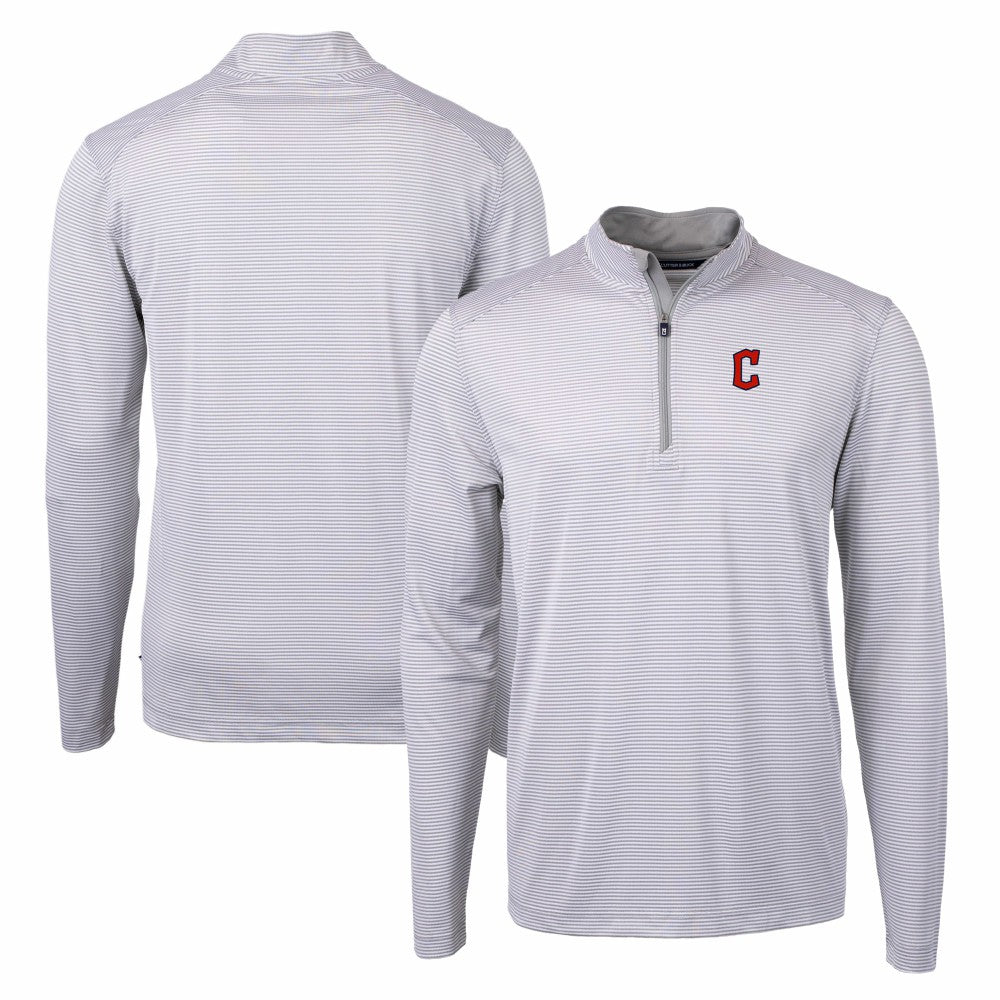 Cleveland Guardians Cutter & Buck Virtue Eco Pique Micro Stripe Recycled Quarter-Zip Pullover Top Gray/White