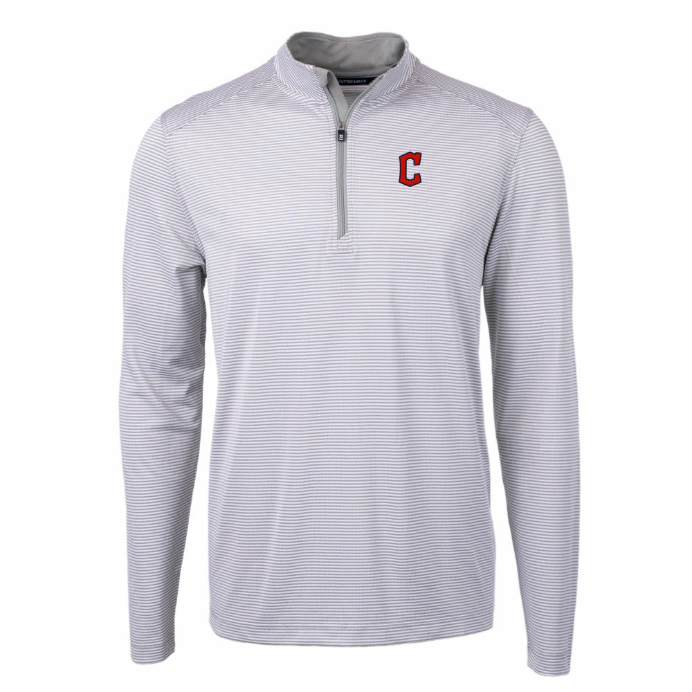 Cleveland Guardians Cutter & Buck Virtue Eco Pique Micro Stripe Recycled Quarter-Zip Pullover Top Gray/White