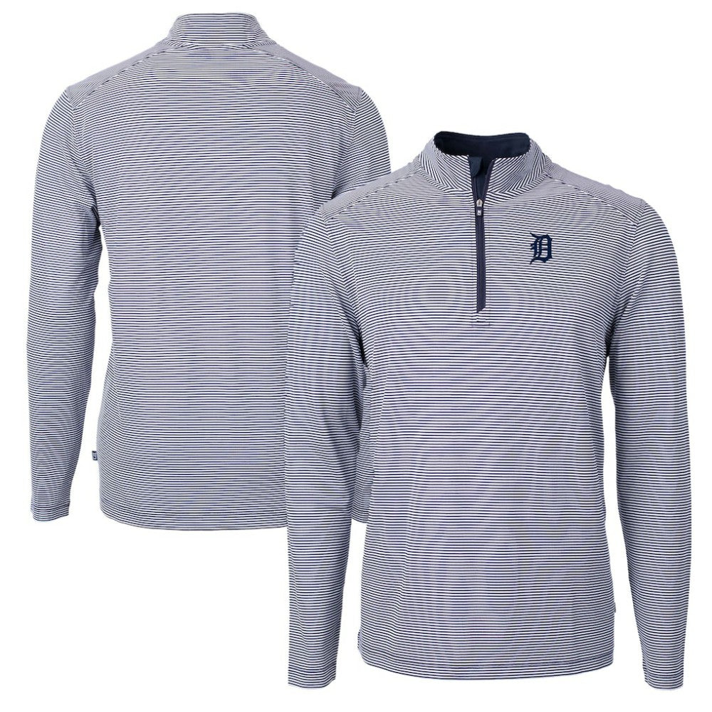 Detroit Tigers Cutter & Buck Virtue Eco Pique Micro Stripe Recycled Quarter-Zip Pullover Top Navy/White