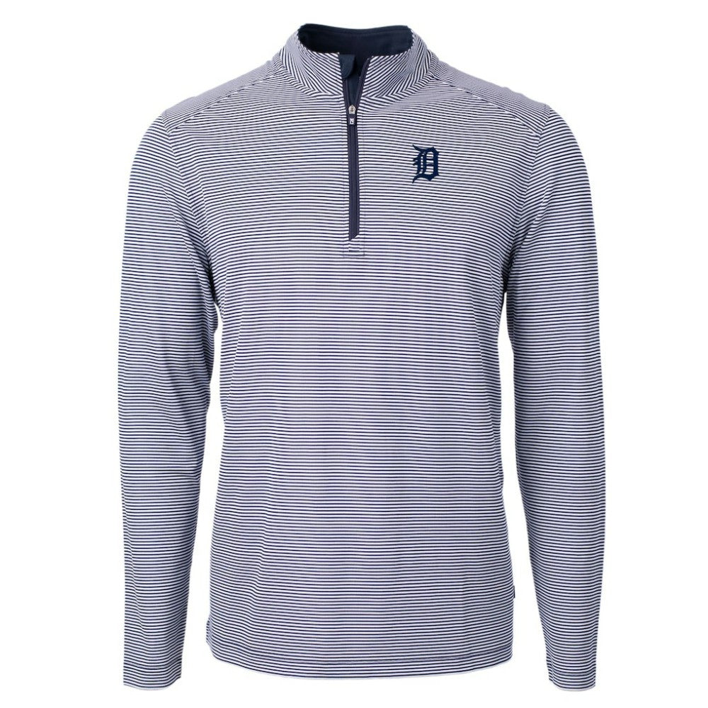 Detroit Tigers Cutter & Buck Virtue Eco Pique Micro Stripe Recycled Quarter-Zip Pullover Top Navy/White