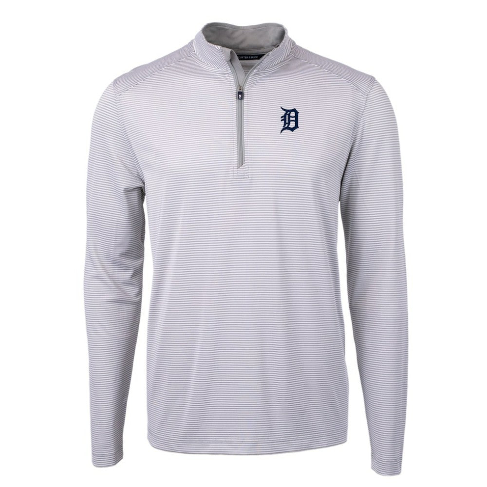 Detroit Tigers Cutter & Buck Virtue Eco Pique Micro Stripe Recycled Quarter-Zip Pullover Top Gray/White