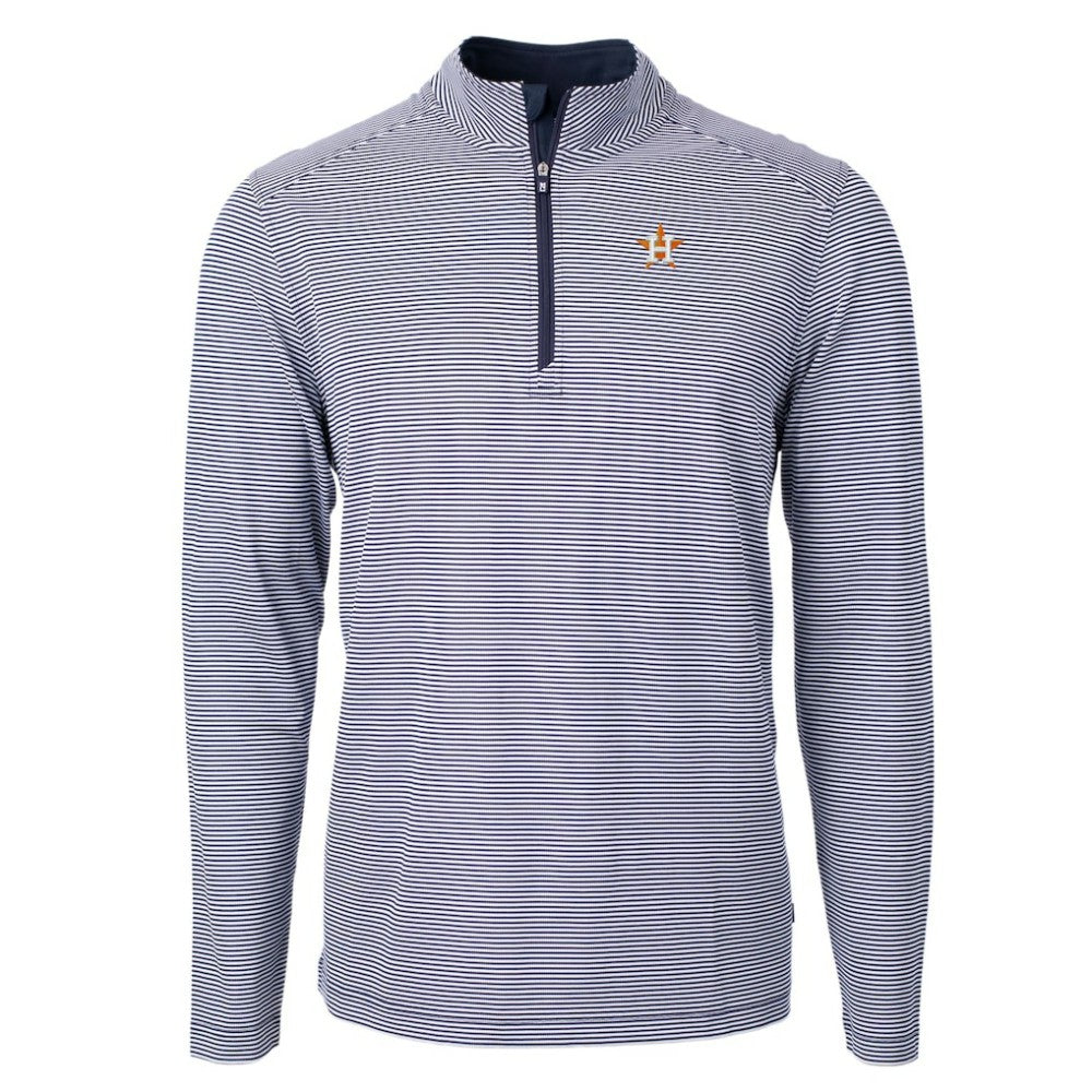 Houston Astros Cutter & Buck Virtue Eco Pique Micro Stripe Recycled Quarter-Zip Pullover Top Navy/White